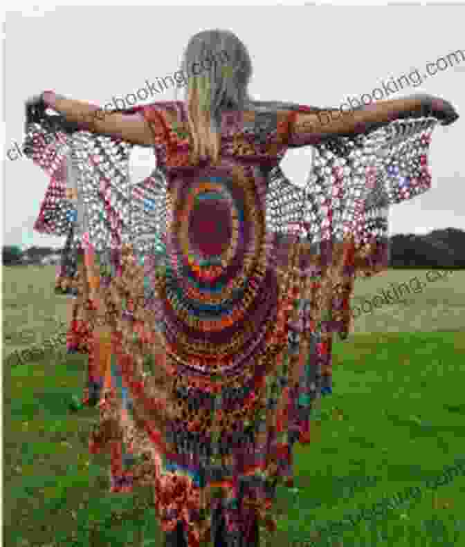 A Beautiful Woman Wearing A Gypsy Chic Boho Circular Crocheted Vest, Showcasing The Intricate Stitchwork And Flowy Design. Gypsy Chic Boho Circular Crocheted Vest Pattern