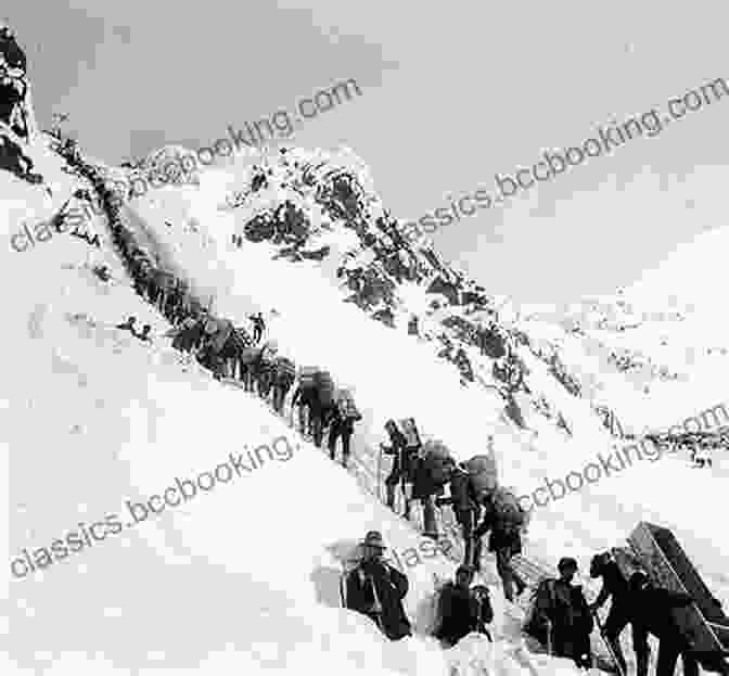 A Steep And Snow Covered Mountain Pass, With A Line Of Prospectors Struggling To Ascend, Laden With Heavy Packs. The Hard Road To Klondike