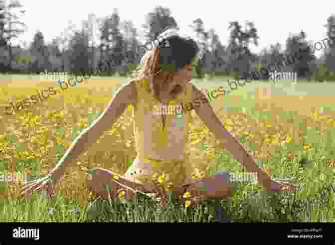 A Woman Sitting In A Field Of Wildflowers. A Sack Full Of Feathers